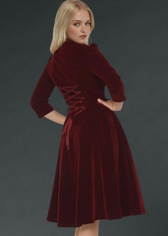 Burgundy Red Velvet High Collar Gothic Dress - Collared Velvet Dress with Lace Details - Holiday Party Dress - Alternative Gothic Outfit