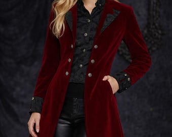 Burgunder Samt Gothic Mantel - Roter Samt Viktorianischer Mantel - Samt Steampunk Mantel - Piraten Mantel - Cosplay Jacke