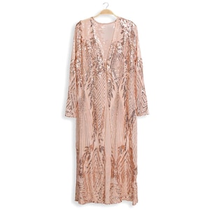 Long Rose Gold Sequin Kimono - Sequin Duster - 70s Sequin Open Front Cardigan - Sequin Swim Coverup - Festival Outfit