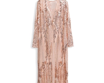 Rose Gold Sequin Kimono Duster - Sheer Festival Cardigan
