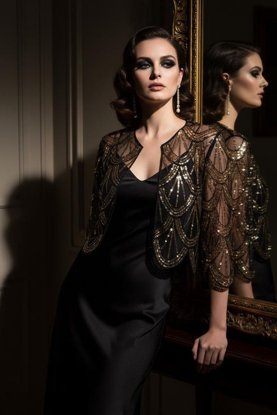 gold bolero jackets for evening dresses Sequin Shrug, Beaded 1920s Vintage Inspired Cropped Cardigan, Shawl, Wedding Guest Cover Up classic design