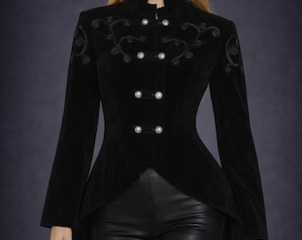 Black Velvet Gothic Tailcoat – Victorian Frock Coat with Ornate Buttons – Steampunk Coat – Cosplay Velvet Tail Jacket