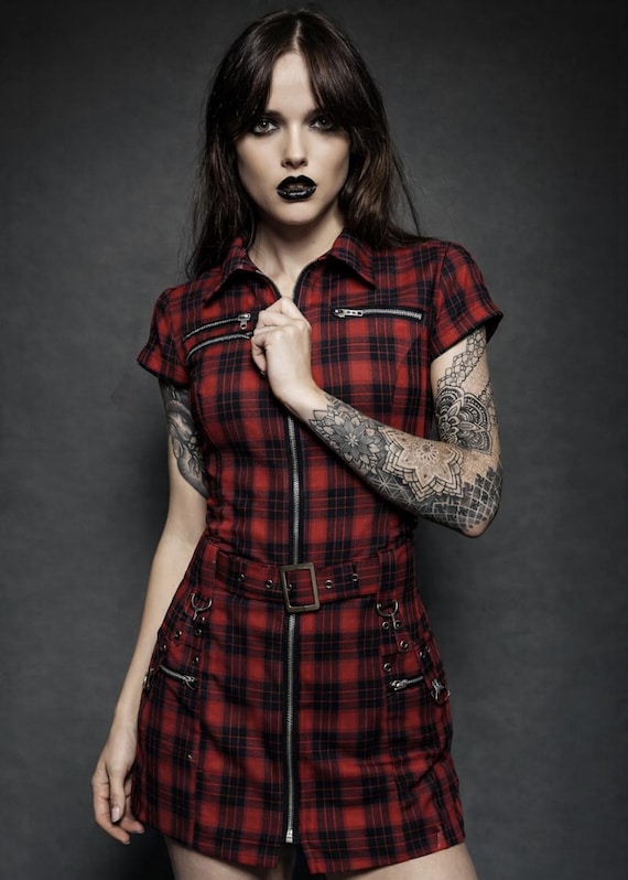 red and black plaid mini dress Gothic – Corset Back, Buckle Detail, Grunge Outfit Colour:Orchid