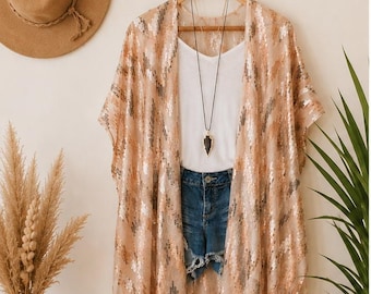 Blush Sequin Kimono Cover Up - Boho Festival Kimono Cardigan - Sparkly Beach Coverup - Rose Gold Sheer Duster - Glam Bohemian Layering Piece