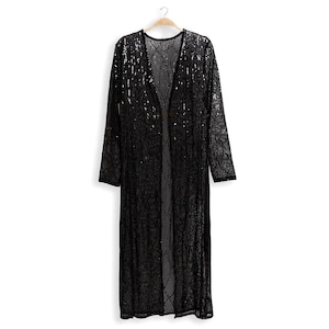 Black Sequin Kimono - Black Sequin Duster - 70s Sequin Open Front Cardigan - Long Kimono - Sequin Swim Coverup - Festival Outfit