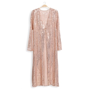 Long Rose Gold Sequin Kimono - Sequin Duster - 70s Sequin Open Front Cardigan - Sequin Swim Coverup - Festival Outfit - Bridal Kimono