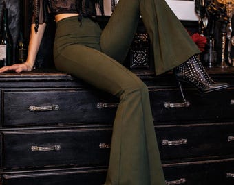 Olive Green Bell Bottom Pants – Green Flare Leg Pants for Women – 70s Retro Boho Flares – Concert Outfit Festival Pants
