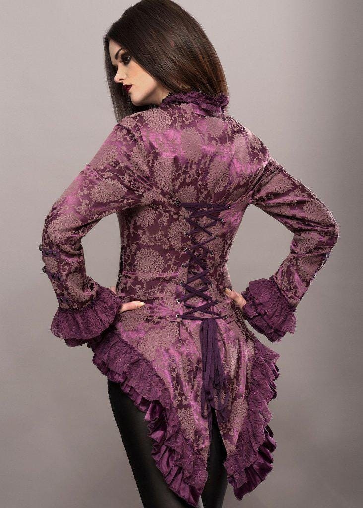 Purple Steampunk Tail Jacket with Back Lacing - Victorian Tailcoat Jacket - Purple Gothic Jacket - Burlesque Goth Coat - Brocade Tailcoat