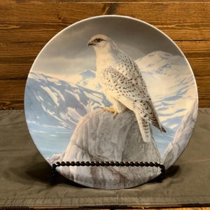 May include: A white ceramic plate with a snowy mountain scene and a white gyrfalcon perched on a rock. The gyrfalcon has black markings on its wings and tail.
