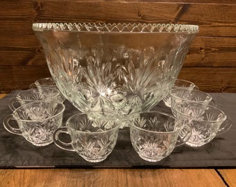 Anchor Hocking- Arlington punch cups (8) and bowl with cup hangers