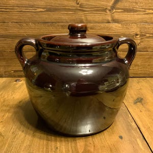Pot à grains en grès brun vintage USA- petit éclat dans le couvercle