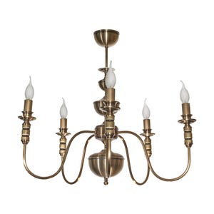 May include: A brass-toned chandelier with five curved arms, each holding a white, flame-shaped light. The fixture has a central bowl-shaped element and decorative detailing, perfect for adding a touch of elegance to any room.