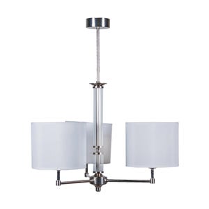 May include: A modern chandelier with three white drum shades. The fixture has a polished chrome finish and a central column with a clear, cylindrical glass element. The shades are evenly spaced and the fixture is suspended from a ceiling mount.