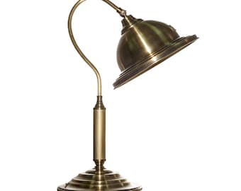 Antique Brass Desk Lamp – Curved Arm, Art Deco Table Lighting