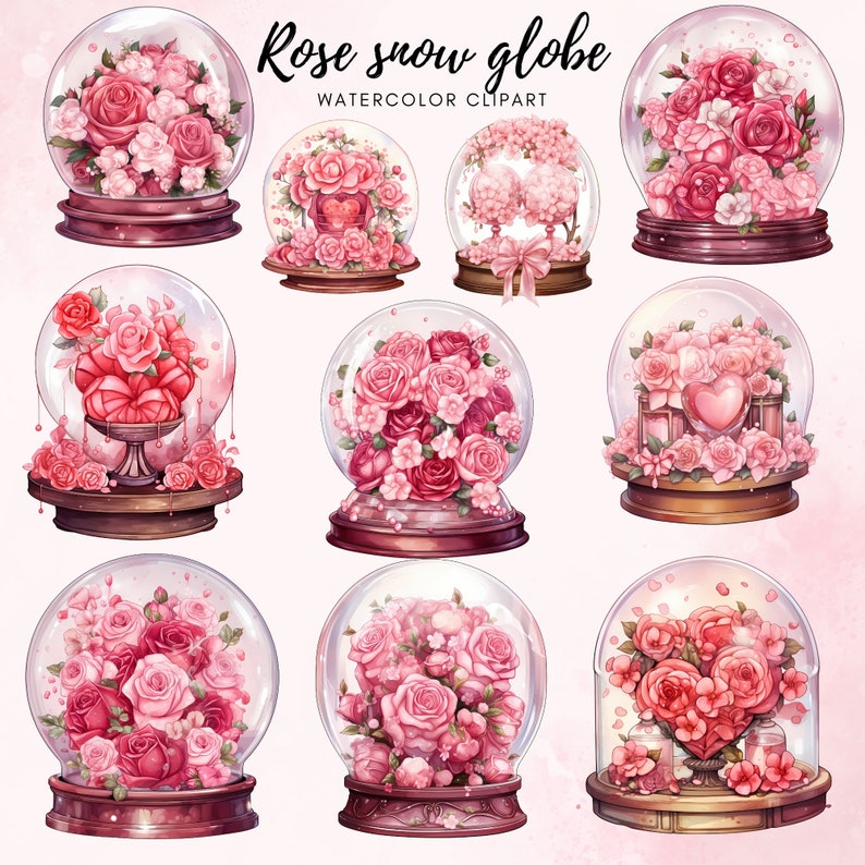 Rose Snow Globe Clipart, Watercolor Valentine Clipart, PNG Format