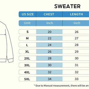 May include: A diagram showing sweater measurements in inches. The chart details US sizes from S to 5XL, with chest, length, and sleeve measurements. The text at the top reads "SWEATER". Measurements are provided in inches.