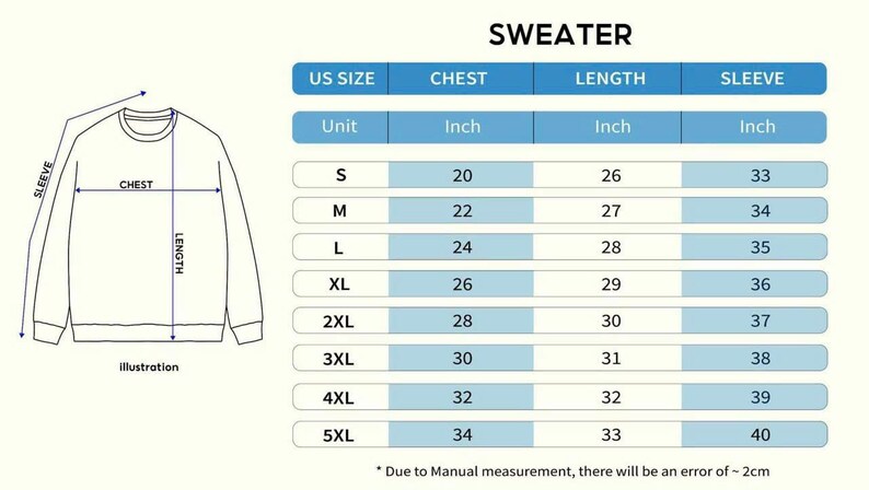 May include: A diagram showing sweater measurements in inches. The chart details US sizes from S to 5XL, with chest, length, and sleeve measurements. The text at the top reads "SWEATER". Measurements are provided in inches.