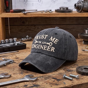 May include: A charcoal grey baseball cap featuring the embroidered text "TRUST ME I'M AN ENGINEER" in a light beige font, with a wrench icon integrated into the lettering. The cap has a distressed, washed-out fabric finish and a curved brim.