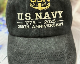 US Navy 250th Anniversary Embroidered Cap: Washed Denim, Adjustable Fit