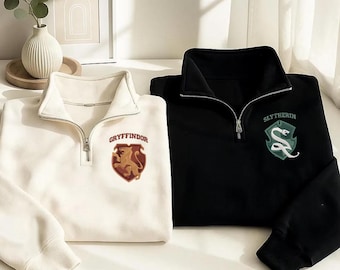 Embroidered Wizard House Quarter Zip Sweatshirt, HP-Inspired Gift, House Pride Long Sleeve