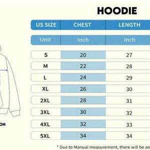 May include: A diagram of a hoodie with measurements for chest, length, and sleeve in inches. A size chart lists US sizes S to 5XL with corresponding measurements. The word "HOODIE" is at the top.