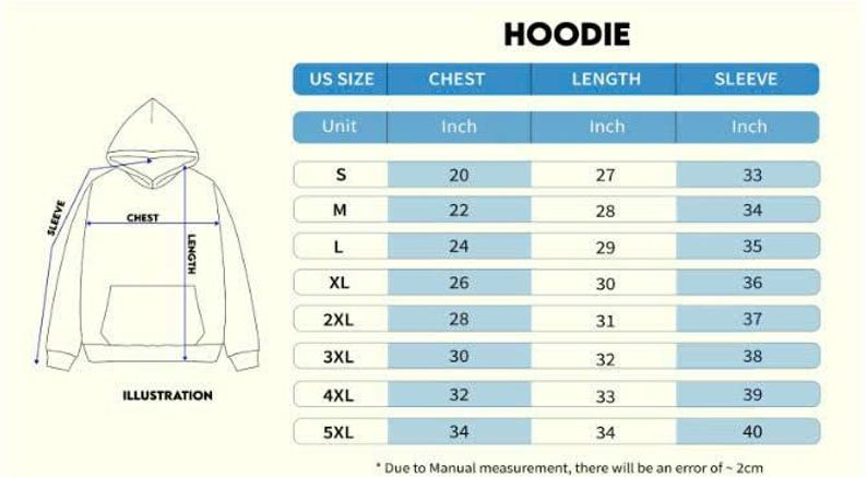 May include: A diagram of a hoodie with measurements for chest, length, and sleeve in inches. A size chart lists US sizes S to 5XL with corresponding measurements. The word "HOODIE" is at the top.