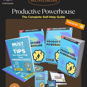 Pode incluir: Uma pilha de cinco ebooks azuis e amarelos intitulados "Productive Powerhouse: The Complete Self-Help Guide" com as palavras "Mental Mastery Collection" na capa. Os ebooks estão empilhados em uma superfície marrom com um computador, um tablet e um telefone exibindo a mesma capa do ebook.