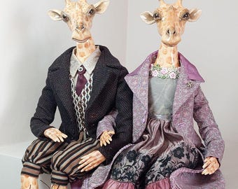 Set 2 Giraffe Pair polymer clay art, Handmade Clay Dolls animals, miniature clay figures, boudoir doll, art  giraf clay doll flapper doll