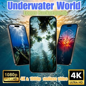 Puede incluir: Tres smartphones que muestran escenas submarinas con el texto "Underwater World" y "Loops Backgrounds". Los teléfonos muestran imágenes de un barco hundido, bosques de algas y un efecto submarino ardiente. Cajas doradas muestran "1080p FULLHD" y "4K ULTRA HD".