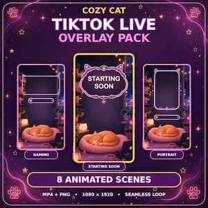 Może przedstawiać: Cyfrowy pakiet nakładek Cozy Cat TikTok Live zawierający 8 animowanych scen w rozdzielczości 1080 x 1920. Projekt zawiera fioletowe neonowe ramki, grafikę z kotami oraz śpiącego pomarańczowego kota w różowym legowisku. Tekst: COZY CAT TIKTOK LIVE OVERLAY PACK.