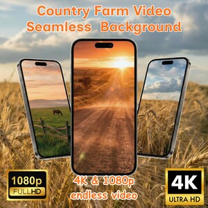Peut inclure: Trois smartphones affichant des scènes de ferme de campagne : un coucher de soleil sur un chemin de terre, un cheval dans un champ et des champs de blé. Le texte indique "Country Farm Video Seamless Background" et "4K & 1080p endless video".