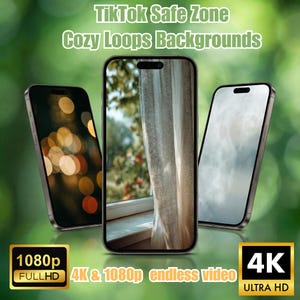 May include: Three smartphones displaying cozy background images. The center phone shows a window with a sheer curtain. The other two phones display bokeh and a misty effect. Text at the top reads "TikTok Safe Zone Cozy Loops Backgrounds".