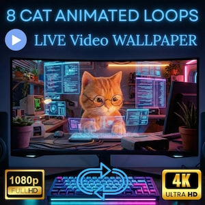 May include: A computer monitor displays a cartoon cat wearing glasses and working on a computer. The screen shows code and the text "8 CAT ANIMATED LOOPS LIVE Video WALLPAPER". A keyboard with blue and purple lights is in the foreground. The image also includes 1080p FULLHD and 4K ULTRA HD labels.