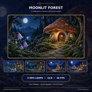 May include: A digital collection titled MOONLIT FOREST 5 ANIMATED FANTASY BACKGROUNDS featuring a large mushroom-shaped house, purple bell-shaped flowers, and a full moon. Includes 5 MP4 loops, 16:9 aspect ratio, and 30 FPS with additional scenes.