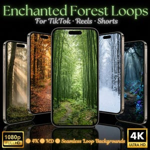 Könnte beinhalten: Fünf Smartphones mit Waldszenen, darunter ein Bambuswald und ein verschneiter Pfad. Der Text "Enchanted Forest Loops" und "For TikTok Reels Shorts" stehen oben. Das Bild enthält auch die Labels "1080p FULLHD" und "4K ULTRA HD".