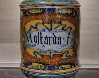 Important mid 16th C. Venetian large maiolica Mostarda Fina albarello, Maestro Domenigo Di Venezia, circa 1560.