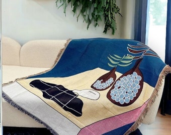Couverture de jet de coton faite à la main, couverture de glands tricotés vintage de canapé et de lit, couverture de fleurs, couverture de printemps/automne, couverture de camping de pique-nique