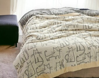 Pink, Gray, Yellow 100% Bamboo Fiber Blanket, Cute Cat Throw Blanket, Handmade Cartoon Woven Blanket, Four Seasons Blanket for Bed