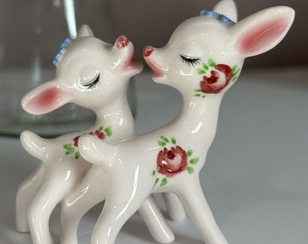 Vintage Kissing Deer Salt and Pepper One Piece PY Miyao B672 pink rose