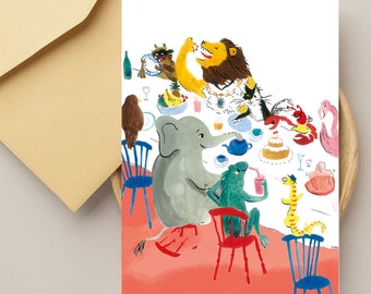 Tierische Teeparty-Grußkarte: Illustrierte Geburtstagskarte