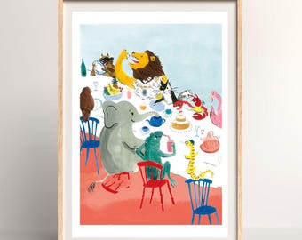 Animal Tea Party Illustration Print – Whimsical Nursery Wall Art