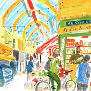 K&ouml;nnte beinhalten: Eine farbenfrohe Illustration eines Marktstandes mit einem Schild, auf dem "MA Soda Ltd Fr&uuml;chte & Gem&uuml;se" steht. Menschen kaufen am Stand ein und ein Fahrrad steht in der N&auml;he.