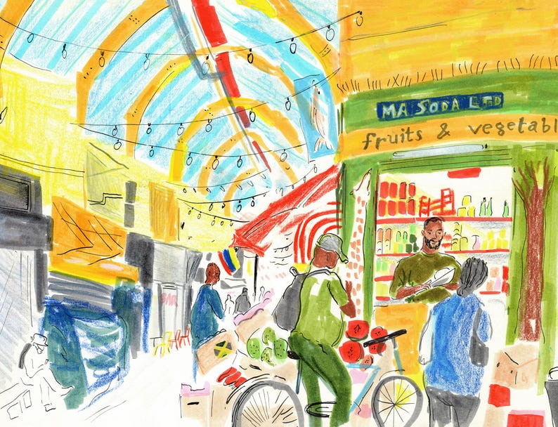 K&ouml;nnte beinhalten: Eine farbenfrohe Illustration eines Marktstandes mit einem Schild, auf dem "MA Soda Ltd Fr&uuml;chte & Gem&uuml;se" steht. Menschen kaufen am Stand ein und ein Fahrrad steht in der N&auml;he.