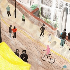 K&ouml;nnte beinhalten: Ein Aquarellbild einer Stra&szlig;enszene mit Menschen, die gehen, und einem gelben Zelt. Die Menschen tragen Masken und einige tragen Taschen. Im Vordergrund ist ein Fahrrad zu sehen und ein Hund geht an der Leine.