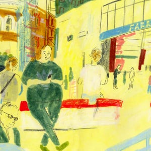 K&ouml;nnte beinhalten: Eine handgezeichnete Illustration von Menschen, die in einer Stadt spazieren gehen. Die Illustration ist in einem farbenfrohen Stil mit gelben, gr&uuml;nen, roten und blauen Farben gehalten. Die Illustration enth&auml;lt den Text "FARRINGDON" und "STATION".