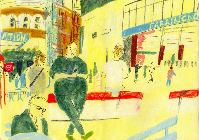K&ouml;nnte beinhalten: Eine handgezeichnete Illustration von Menschen, die in einer Stadt spazieren gehen. Die Illustration ist in einem farbenfrohen Stil mit gelben, gr&uuml;nen, roten und blauen Farben gehalten. Die Illustration enth&auml;lt den Text "FARRINGDON" und "STATION".