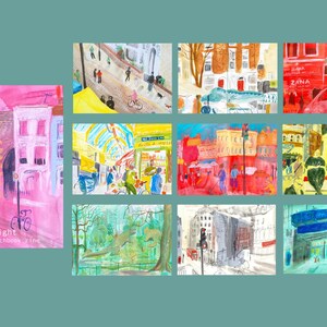 K&ouml;nnte beinhalten: Eine Sammlung von neun Aquarellen, die verschiedene Szenen aus London darstellen, darunter einen Stra&szlig;enmarkt, einen Park und ein Geb&auml;ude mit einer roten T&uuml;r. Die Bilder sind alle in einem hellen, farbenfrohen Stil gehalten und zeigen eine Vielzahl von Details, wie Menschen, Fahrr&auml;der und Geb&auml;ude. Der Titel "Carys Wright London Sketches" steht in der linken unteren Ecke des Bildes.