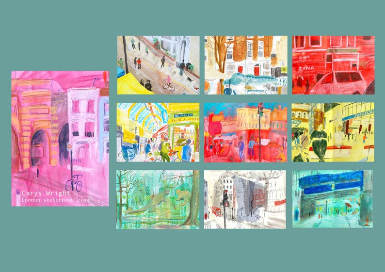 K&ouml;nnte beinhalten: Eine Sammlung von neun Aquarellen, die verschiedene Szenen aus London darstellen, darunter einen Stra&szlig;enmarkt, einen Park und ein Geb&auml;ude mit einer roten T&uuml;r. Die Bilder sind alle in einem hellen, farbenfrohen Stil gehalten und zeigen eine Vielzahl von Details, wie Menschen, Fahrr&auml;der und Geb&auml;ude. Der Titel "Carys Wright London Sketches" steht in der linken unteren Ecke des Bildes.