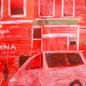 K&ouml;nnte beinhalten: Eine rote und wei&szlig;e Illustration einer Stra&szlig;enszene mit einem Gesch&auml;ft namens "ZANA QUALITY HALAL MEAT + FISH" und einem davor geparkten Auto. Das Gesch&auml;ft hat ein gr&uuml;nes Vordach mit dem Text "BL hair" dar&uuml;ber. Das Auto ist wei&szlig; mit rotem Innenraum und rotem Hintergrund.