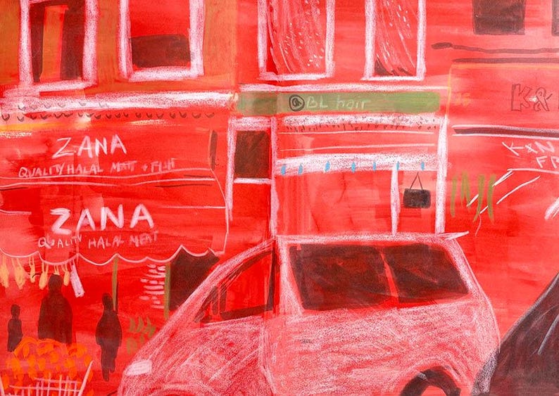K&ouml;nnte beinhalten: Eine rote und wei&szlig;e Illustration einer Stra&szlig;enszene mit einem Gesch&auml;ft namens "ZANA QUALITY HALAL MEAT + FISH" und einem davor geparkten Auto. Das Gesch&auml;ft hat ein gr&uuml;nes Vordach mit dem Text "BL hair" dar&uuml;ber. Das Auto ist wei&szlig; mit rotem Innenraum und rotem Hintergrund.
